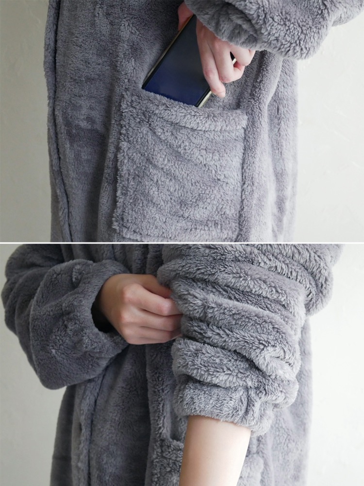 Le bois（ルボア）のポリエステル製ルームカーディガン、フード付きで胸ポケットを備えたオーバーコートスタイルのニットジャケット