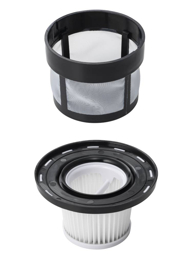 プラスマイナスゼロ コードレスクリーナー G040 ホワイトモデル。シリンダー型のABS製ボディにメッシュフィルターを装備した家庭用掃除機。