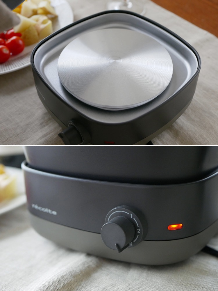 レコルトのポットデュオキャレ卓上電気小鍋本体とセラミックボウル、グリルプレート、フタが揃ったキッチン家電セット