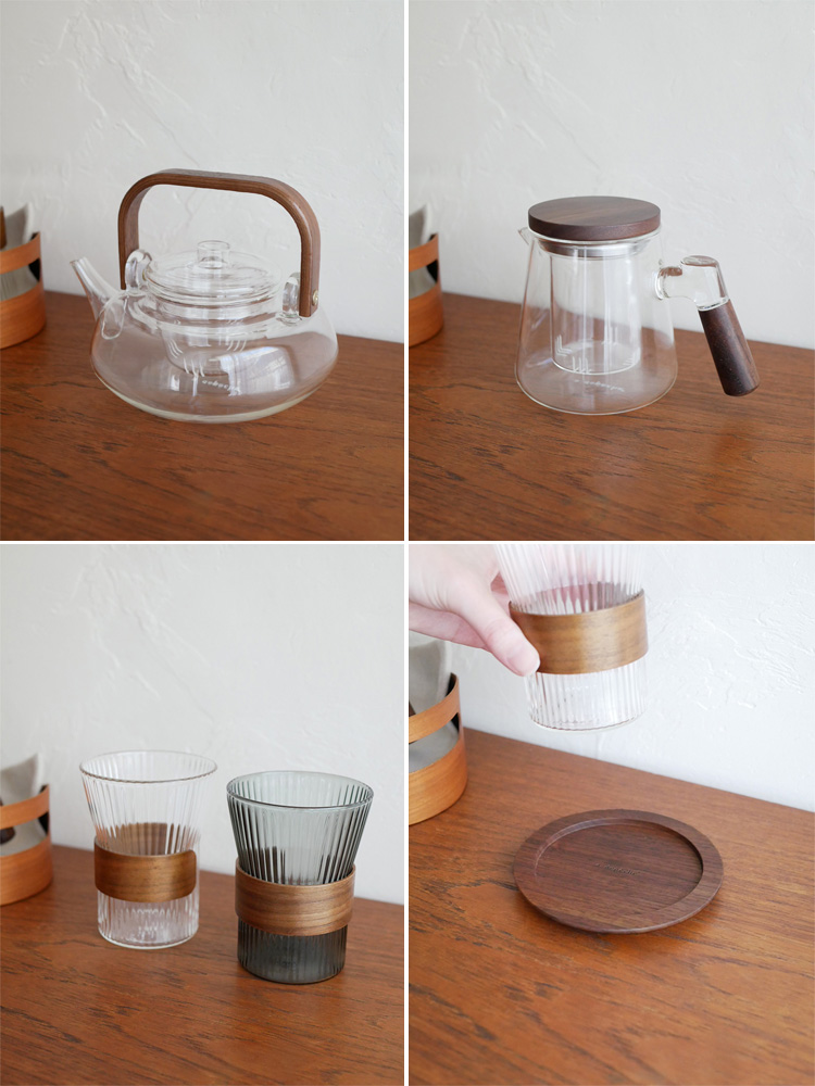 adepecheのnoonコレクション、ホウケイ酸ガラスとウォールナット仕上げのティーポット、デザインカップ、木製コースターのセット
