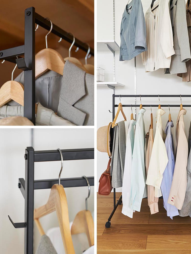 スチール製のtower収納力アップハンガーラックがクローゼット内に設置され、衣類やバッグが整然と掛けられている様子