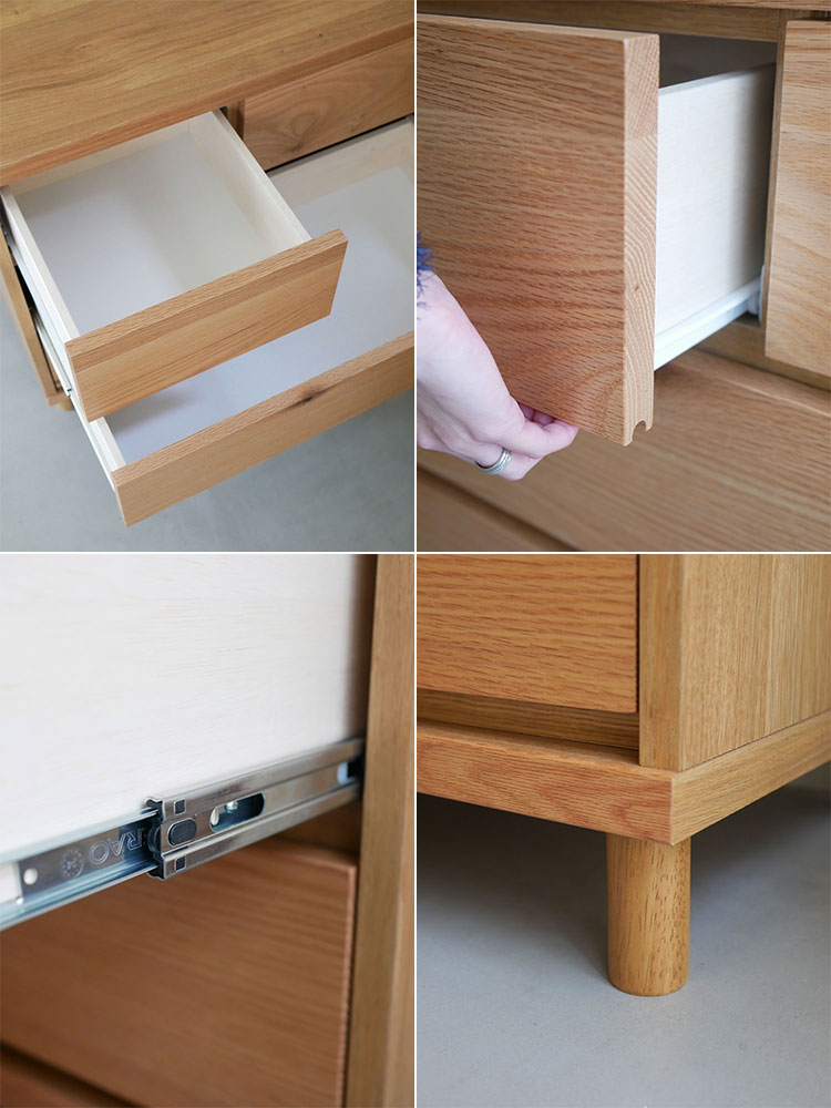 ホワイトオークとラバーウッドを使用した天然木のチェスト。複数の引き出しが備わった木製収納家具。