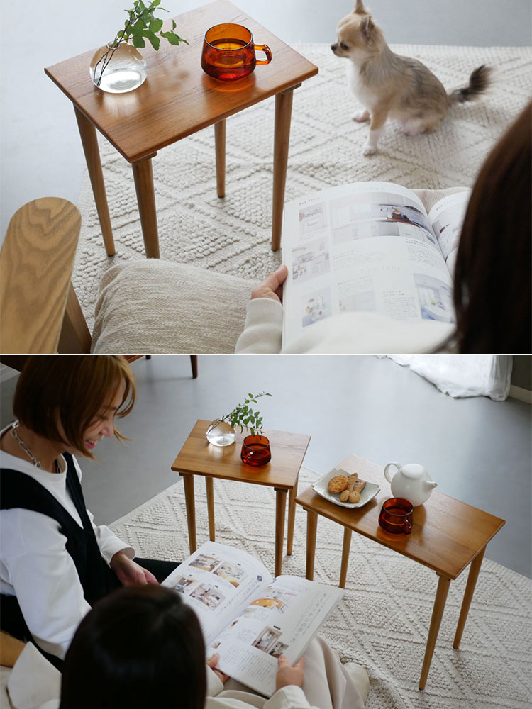 チークネストテーブルと観葉植物の配置