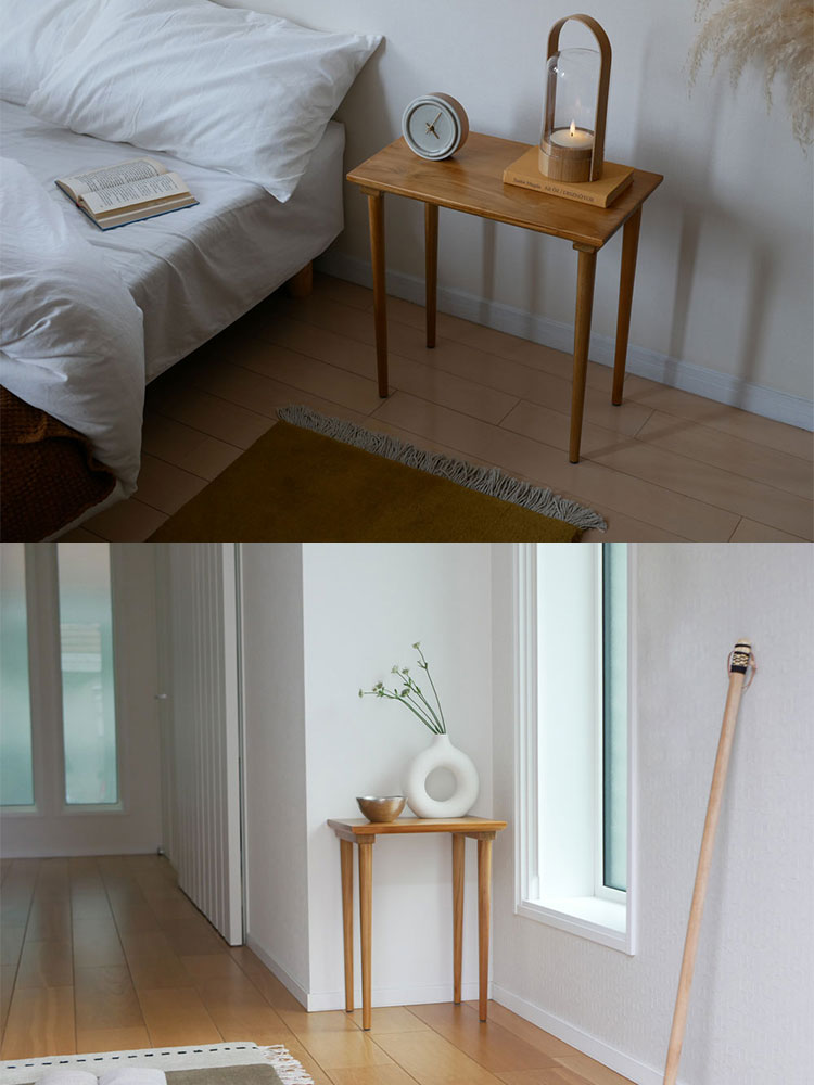 チークネストテーブルと花瓶が置かれた木製床