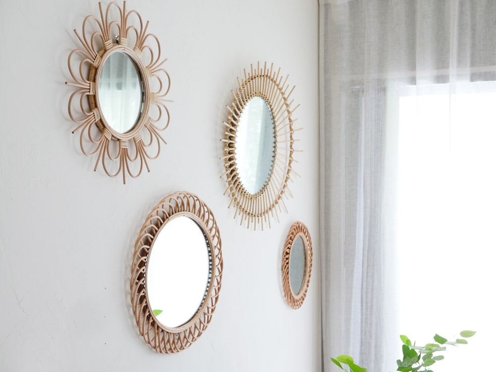 ラタンと真鍮素材のナチュラルミラー