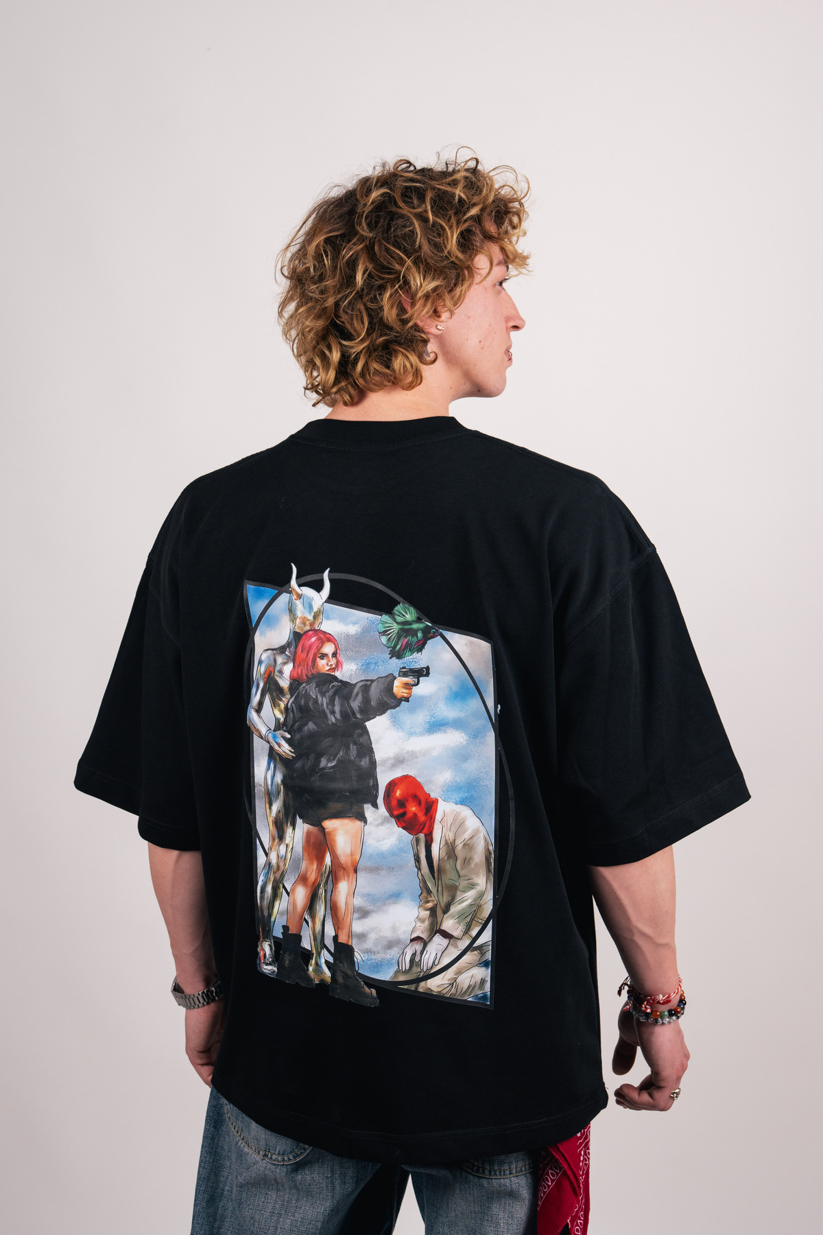 Betta Baskılı Premium Oversize Siyah Tişört