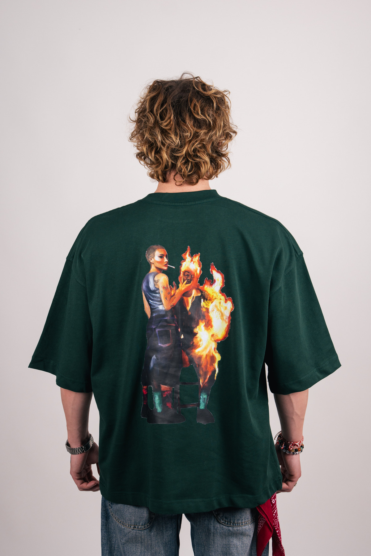 Moth to Flame Baskılı Premium Oversize Yeşil Tişört