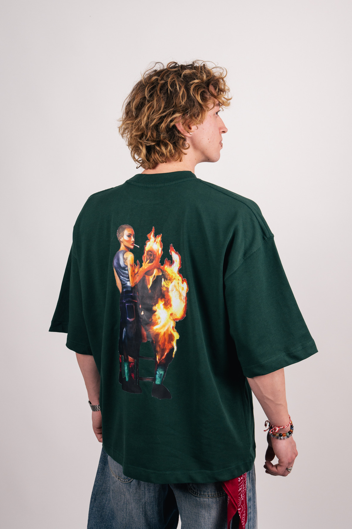 Moth to Flame Baskılı Premium Oversize Yeşil Tişört
