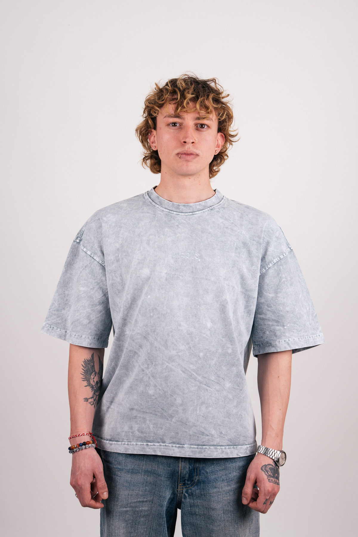 Pow Pow Baskılı Premium Oversize Açık Gri (Yıkamalı) Tişört