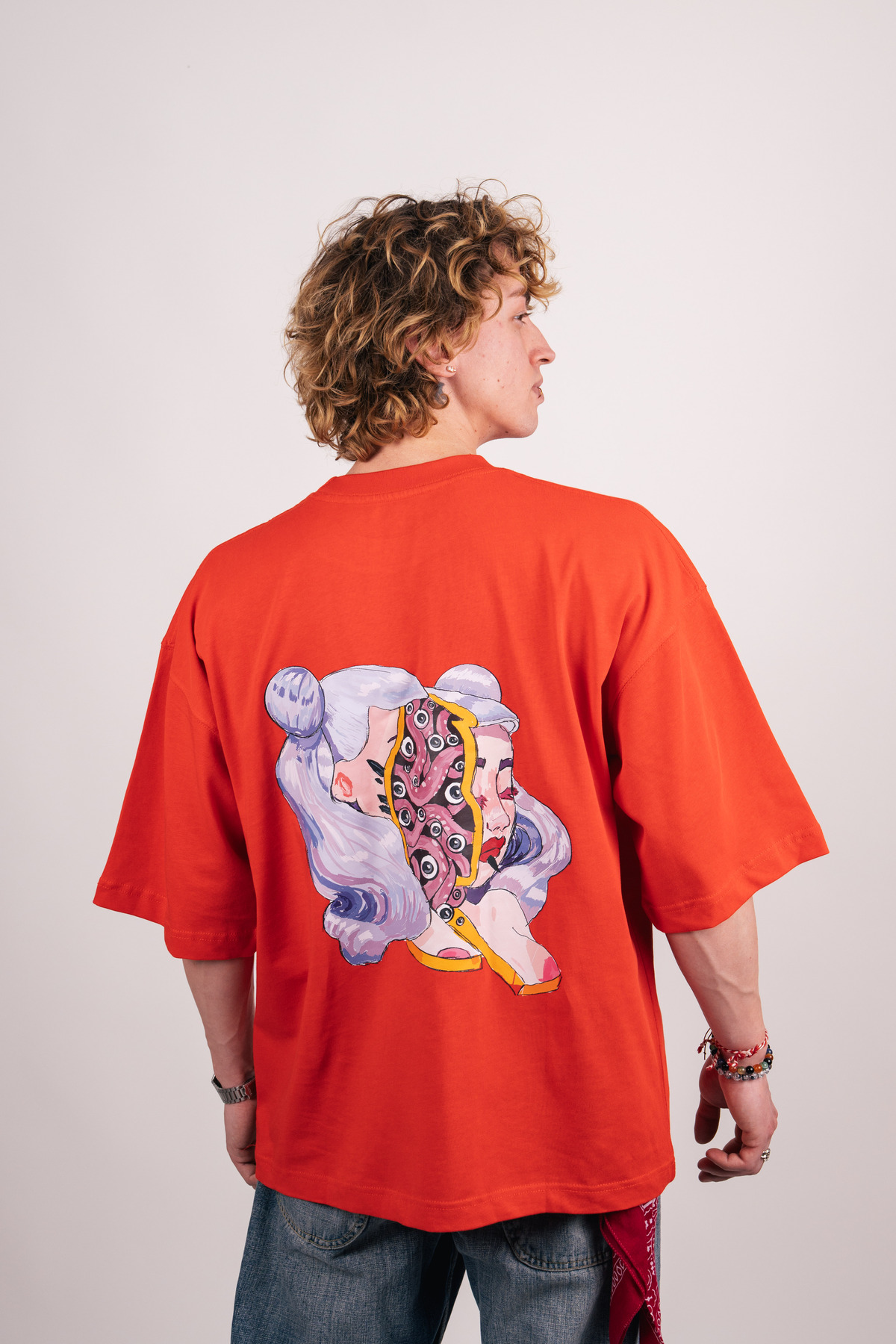 Split Mind Baskılı Premium Oversize Kırmızı Tişört