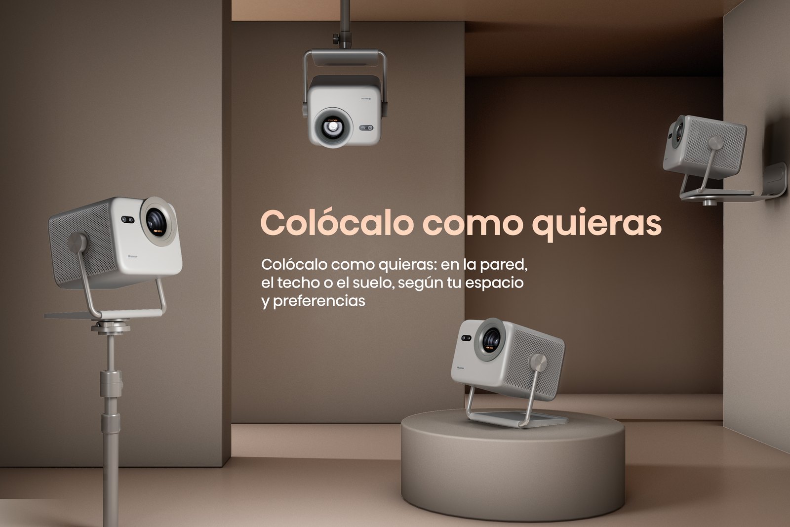 Hisense M2 Pro colocado en pared, techo, trípode y pedestal, adaptándose a cualquier espacio