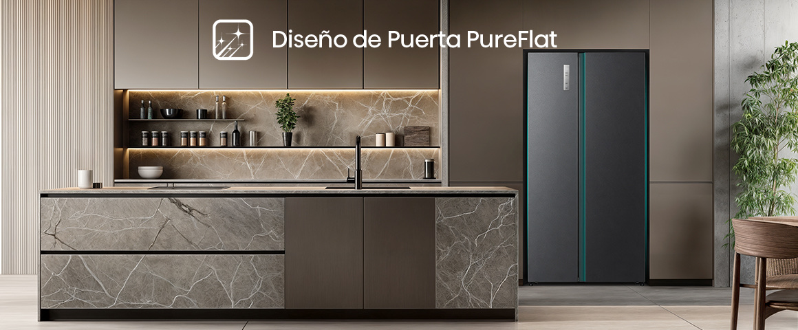 El diseño de puerta plana hace que el refrigerador se adapte perfectamente a cualquier cocina moderna con materiales …