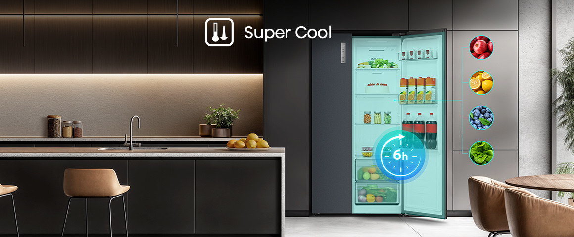 La función Super Cool puede bajar rápidamente la temperatura del refrigerador a 2 °C, permitiendo que los alimentos a…