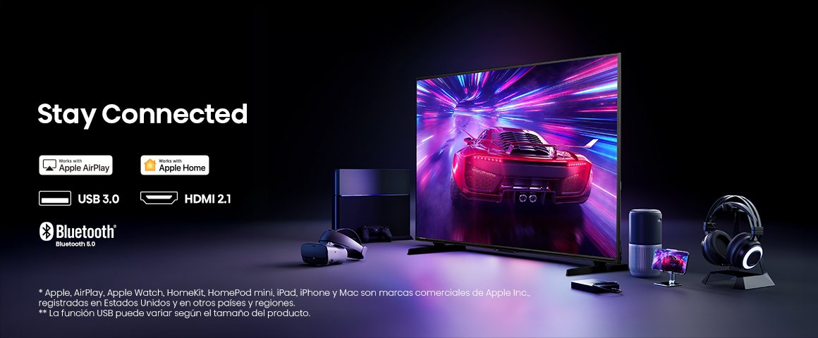 Mantente conectado con Apple AirPlay, Apple Home, HDMI 2.1, USB y Bluetooth 5.4