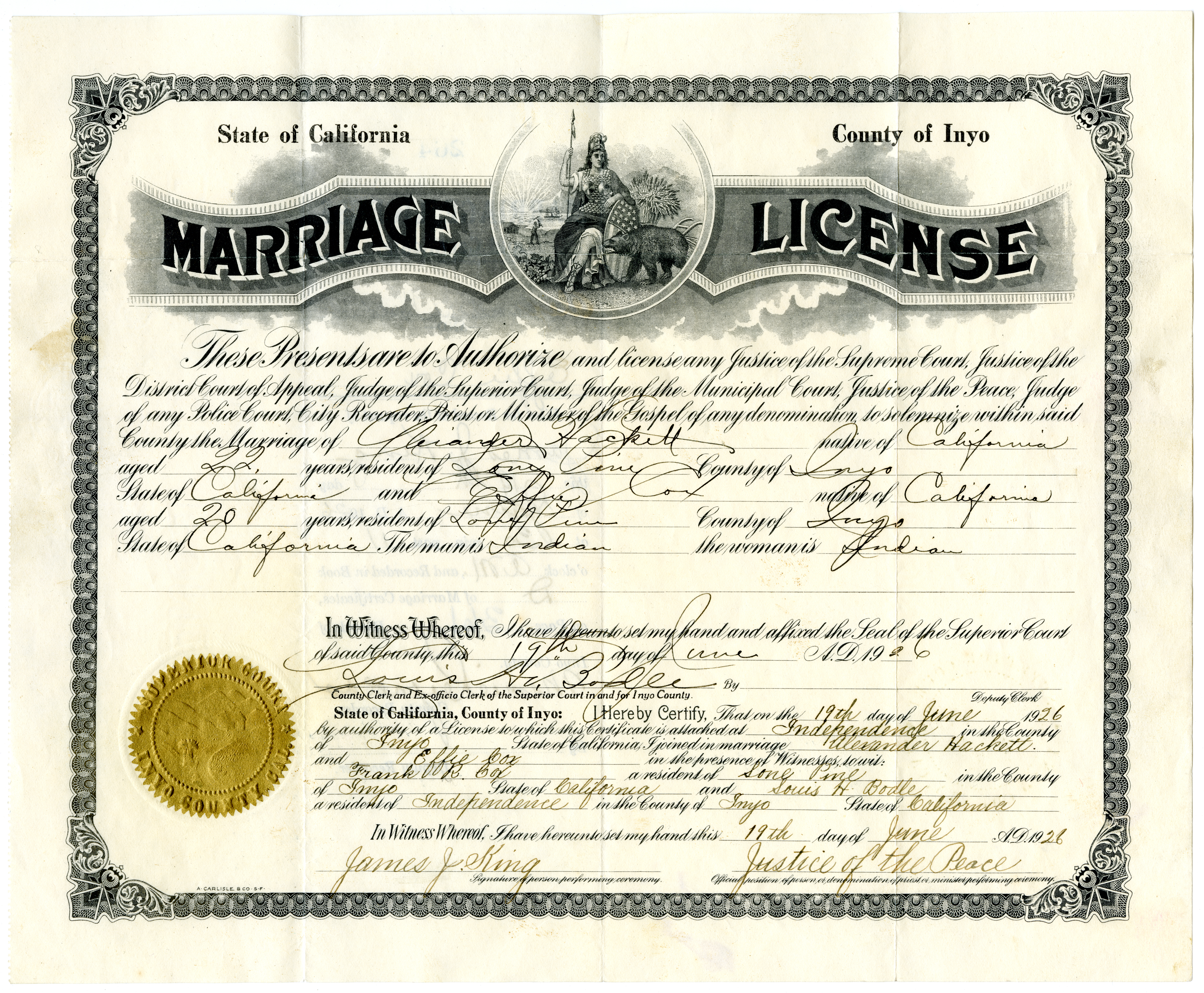 1926 Marriage License for Alexander Hackett and Effie Cox Hackett, Parents of Irene Button 1, 1926 (Internet Archive)