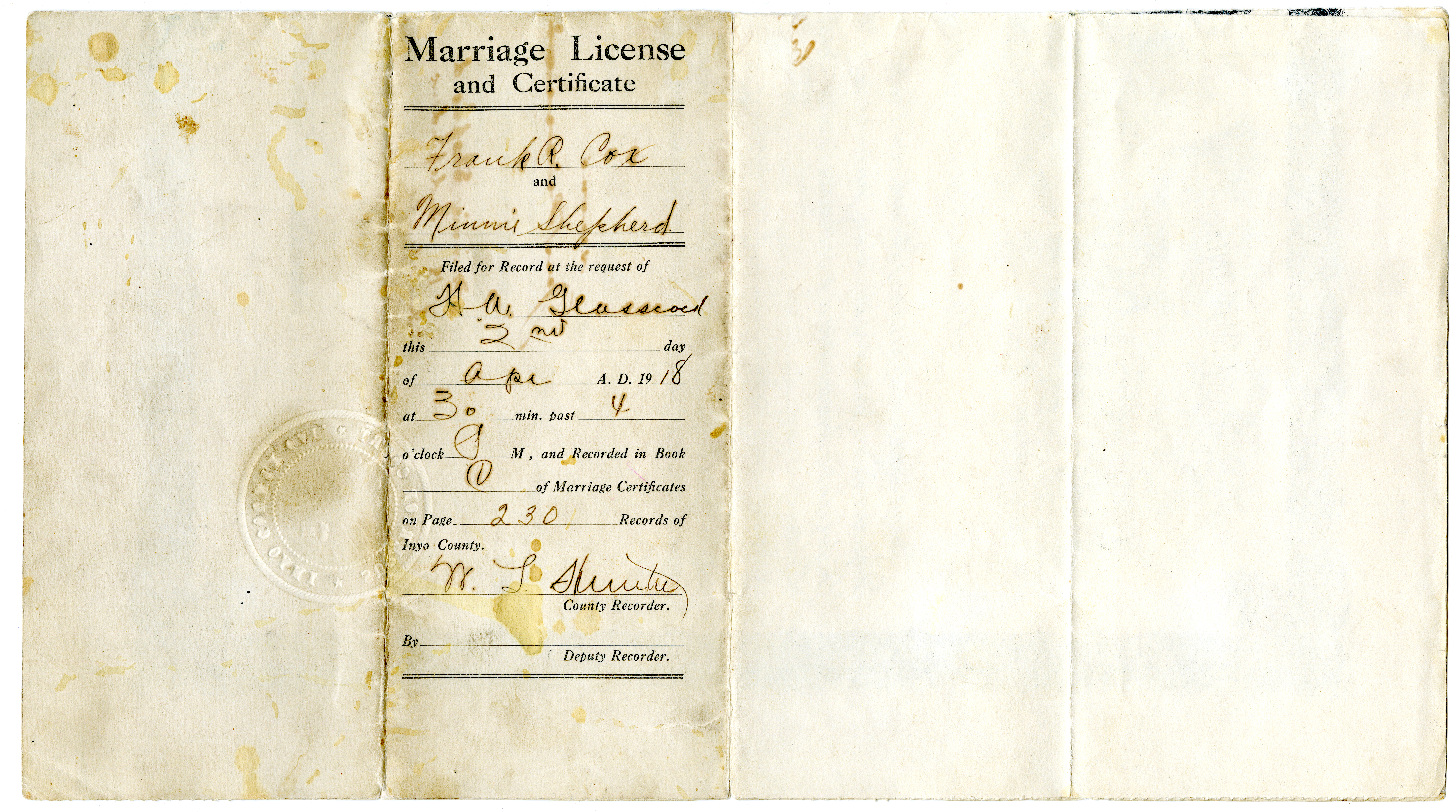 1918 Marriage License for Frank Cox and Minnie Shepherd Cox, Great Uncle and Great Aunt and Adopted Grandparents of Irene Button 2, 1918 (Internet Archive)