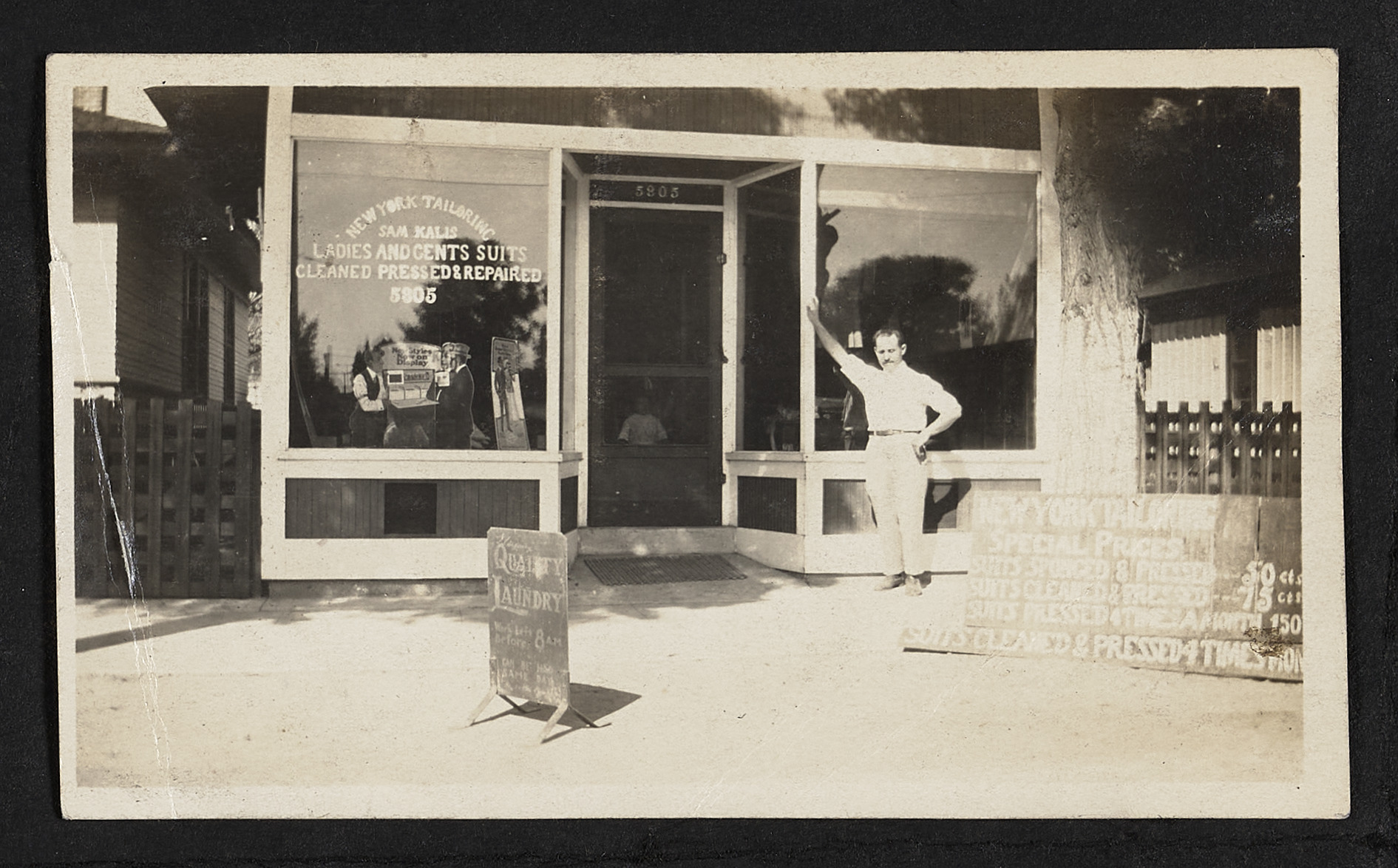 Sam Kalis in front of tailor shop, Eagle Rock, circa 1920, 1920 (Internet Archive)