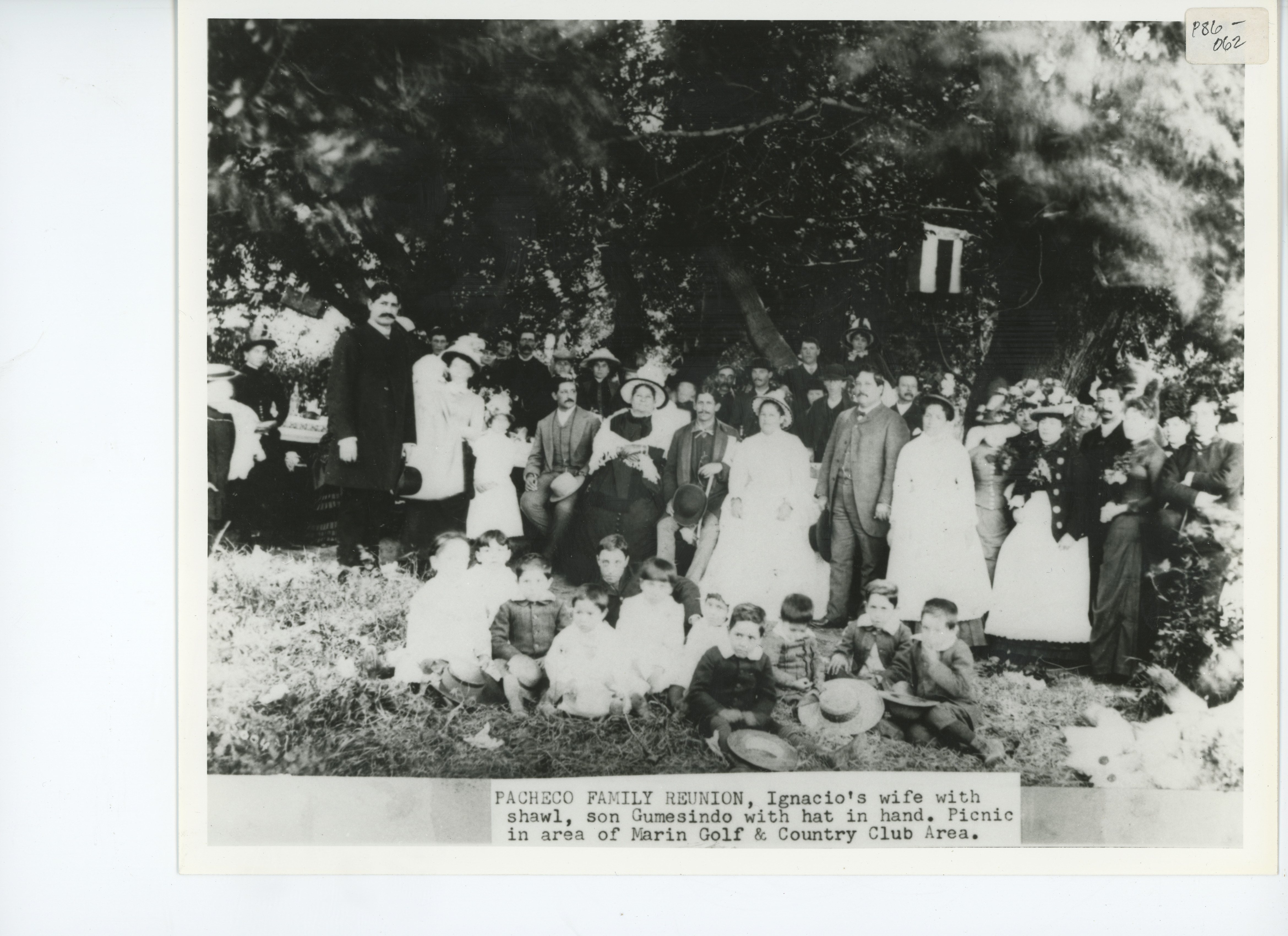 People: Pacheco family reunion in the trees at the Rancho, 1910~, 1910 (Internet Archive)