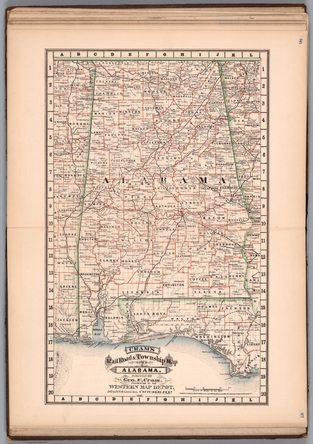 Cram's railroad and township map of Alabama. Published by Geo. F. Cram, proprietor of the Western Map Depot. 262-264, Wabash, Ave. Chicago Ills. 1882 (Civil War), 1882 (Internet Archive)