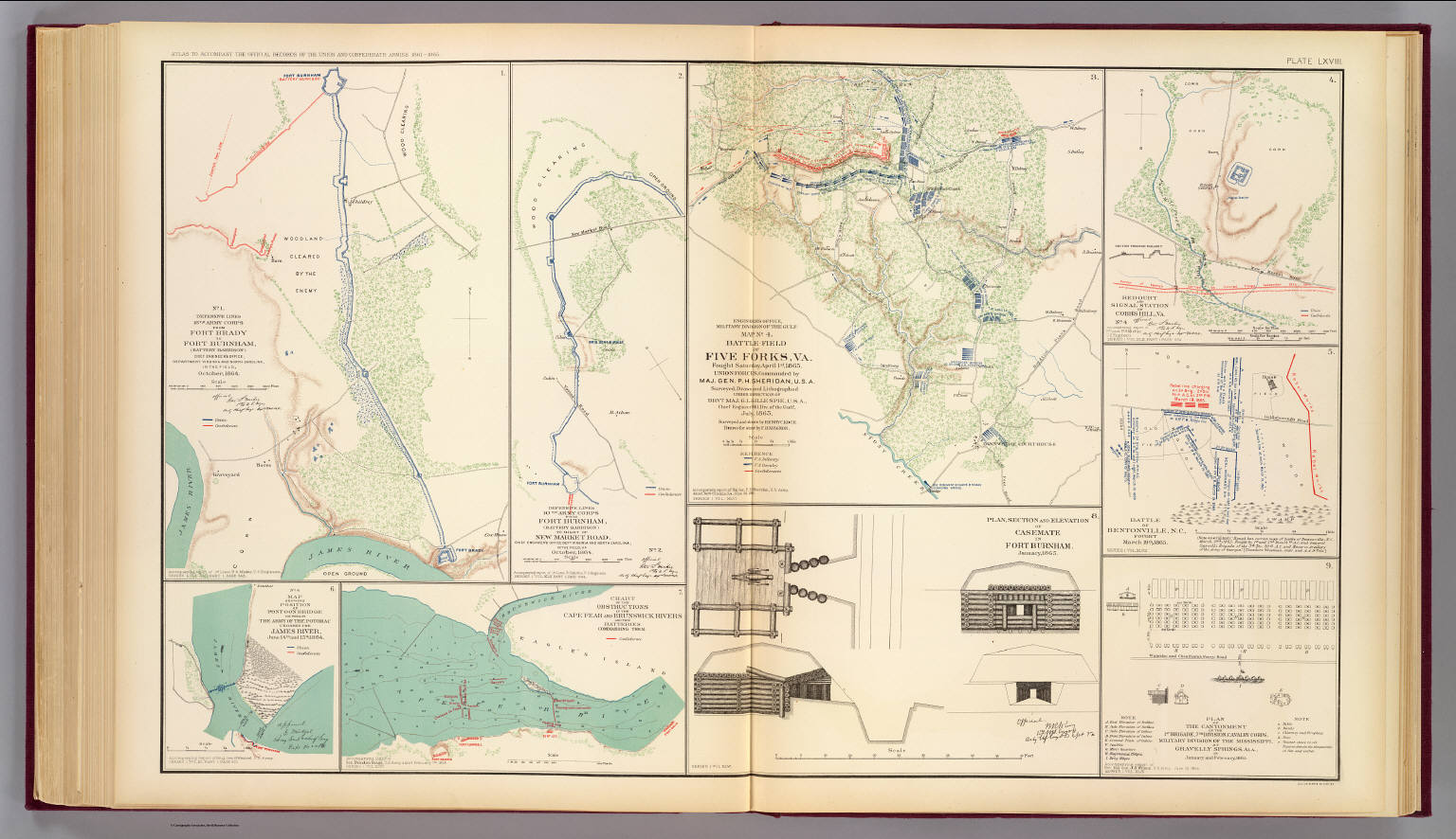 No. 1. Defensive lines, 18th Army Corps from Fort Brady to Fort Burnham, Battery Harrison ... October, 1864. Engineer's Office, Military Division of the Gulf. Map no. 4. Battle-field of Five Forks, Va (Civil War), 1895 (Internet Archive)