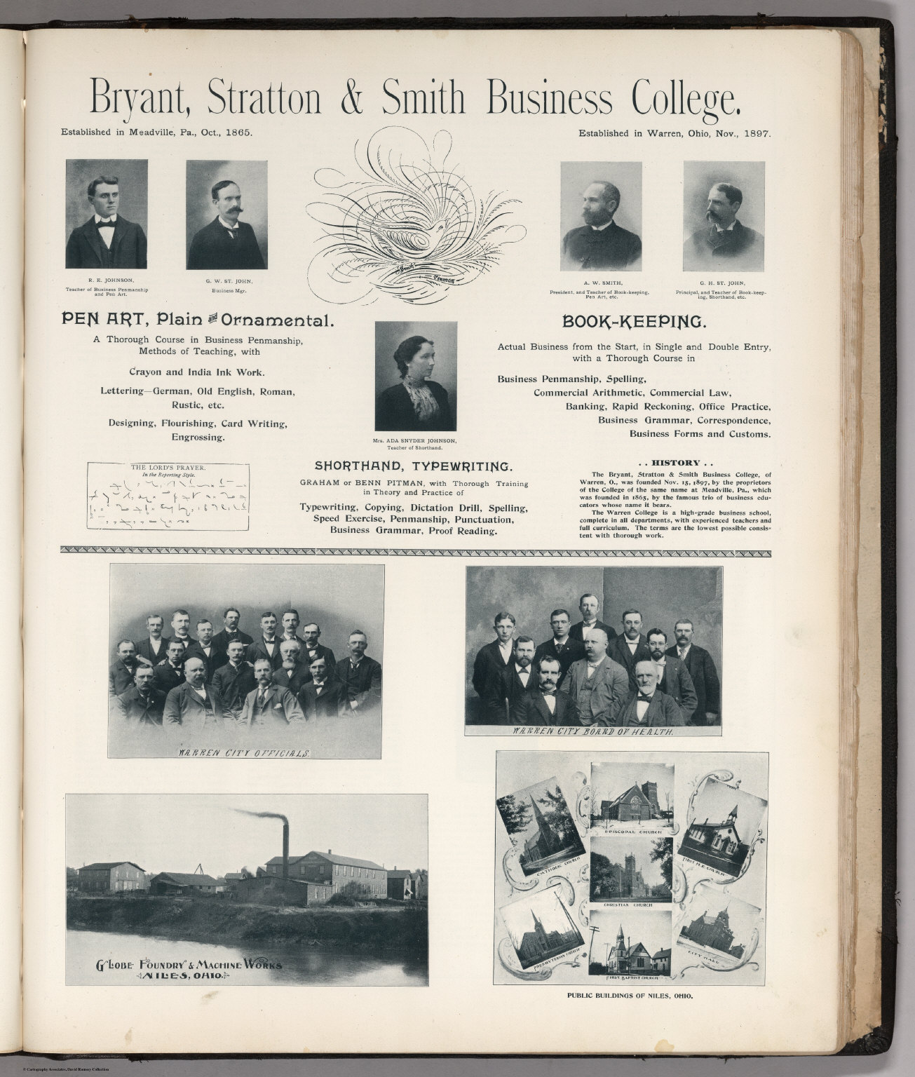 (Portraits) Bryant, Stratton & Smith Business College. Warren City Officials. Globe Foundry & Machine Works. Public Buildings of Niles, Ohio., 1899 (Internet Archive)