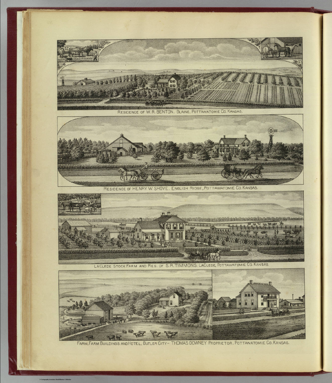 Residence of W.R. Benton, Blaine ... (with) Residence of Henry W. Shove, English Ridge ... (with) LaClede stock farm and res. of S.R. Timmons, LaClede ... (with) Farm, farm buildings and hotel, Butler (Civil War), 1887 (Internet Archive)