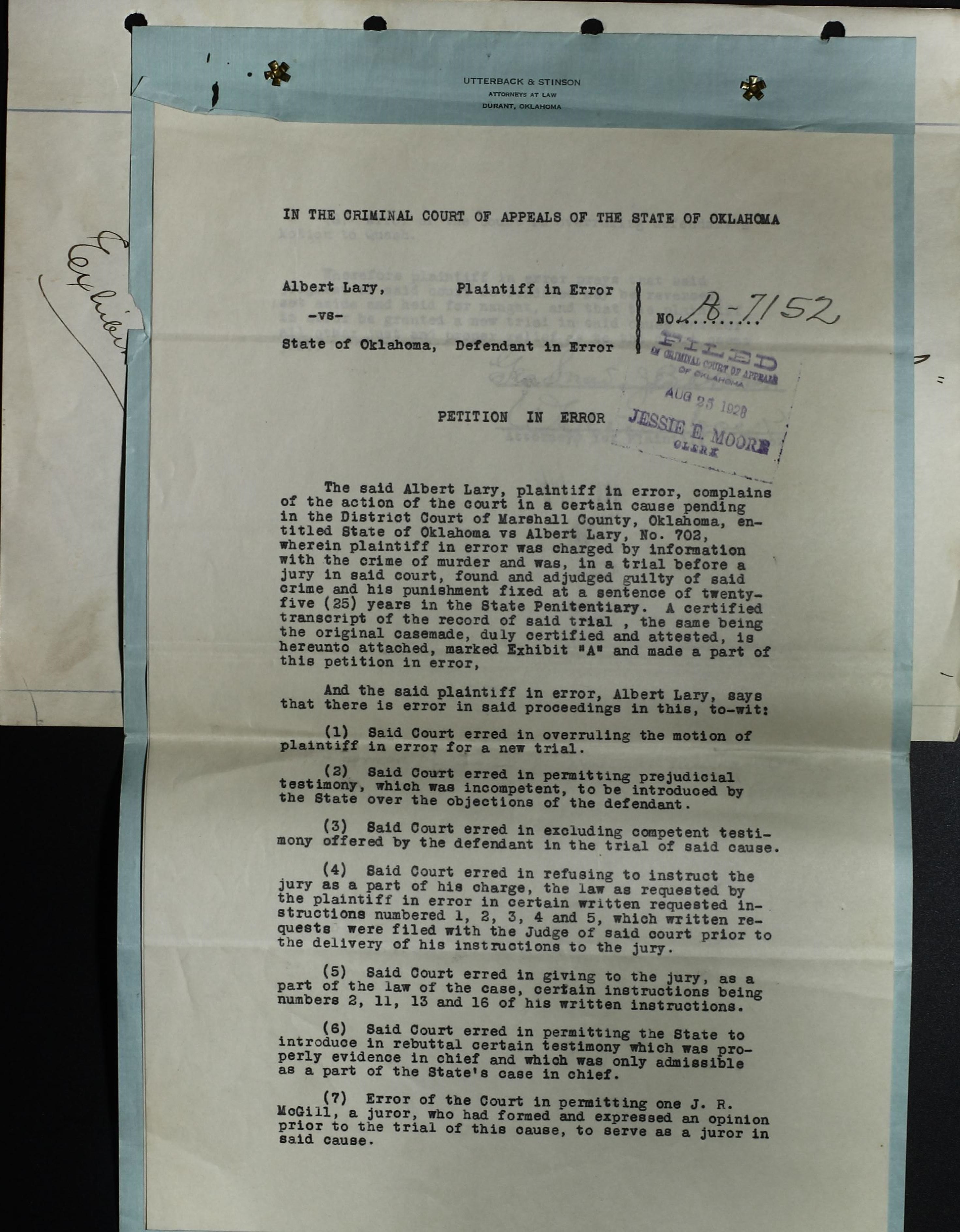 State of Oklahoma v. Albert Lary: Murder Trial Appeal Transcript 1928 (Frank Miller Homicide), 1928 (Internet Archive)