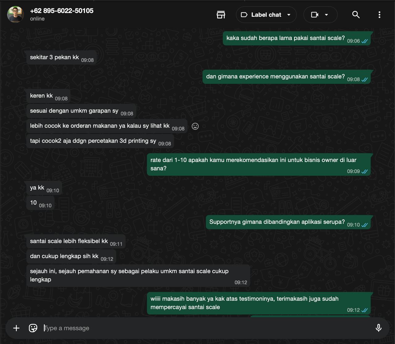 Testimoni WhatsApp pengguna Santai Scale - 2