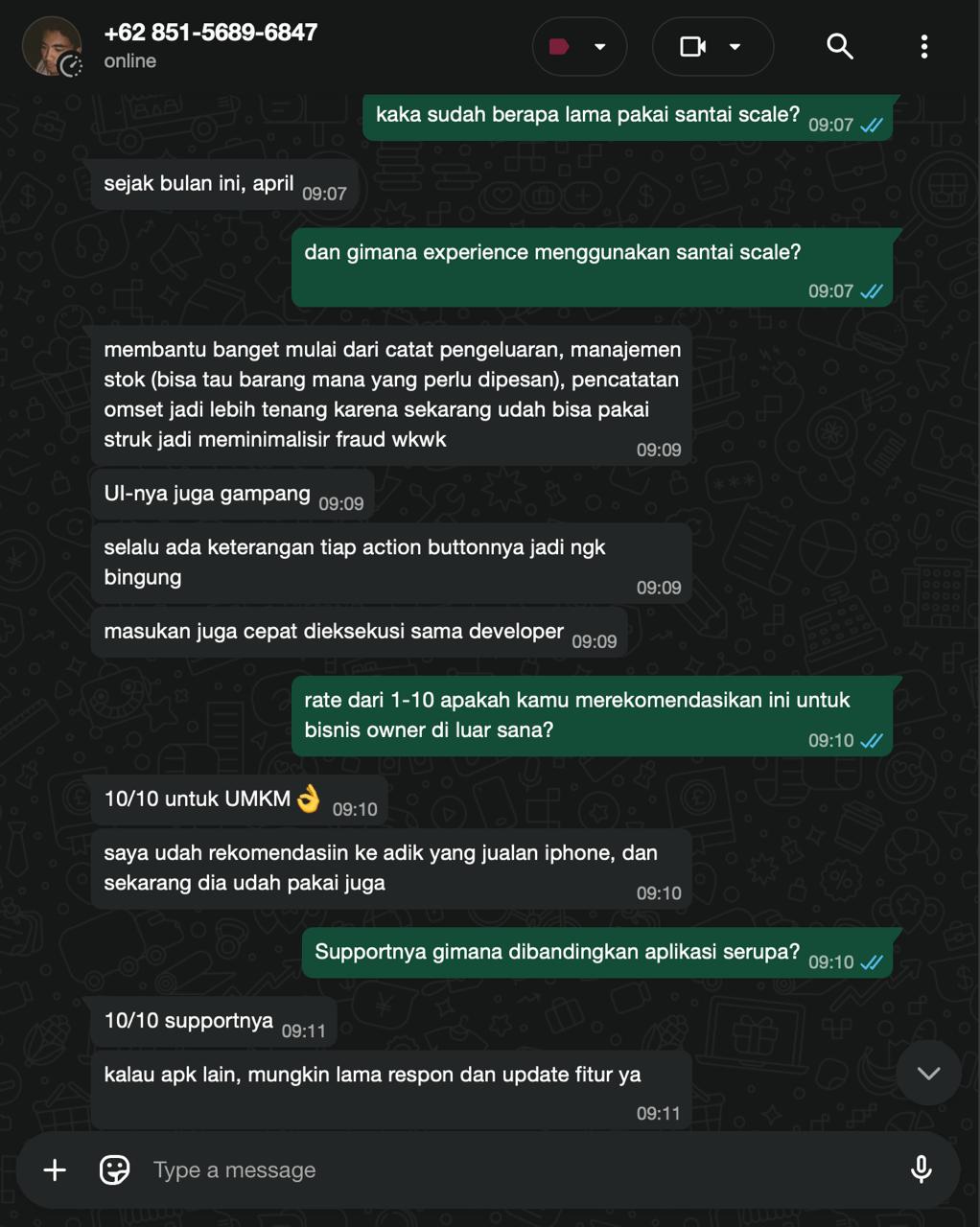Testimoni WhatsApp pengguna Santai Scale - 3