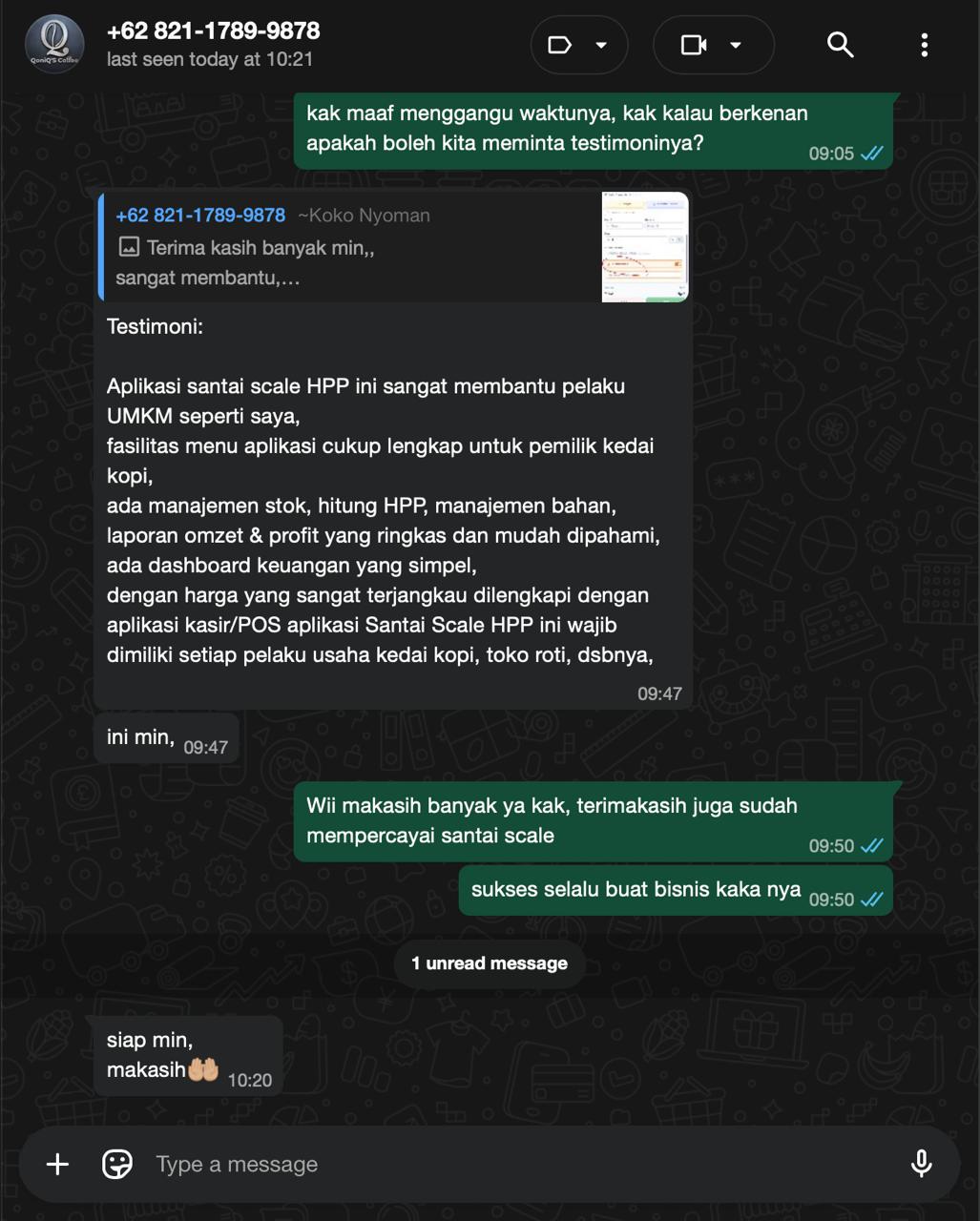 Testimoni WhatsApp pengguna Santai Scale - 1