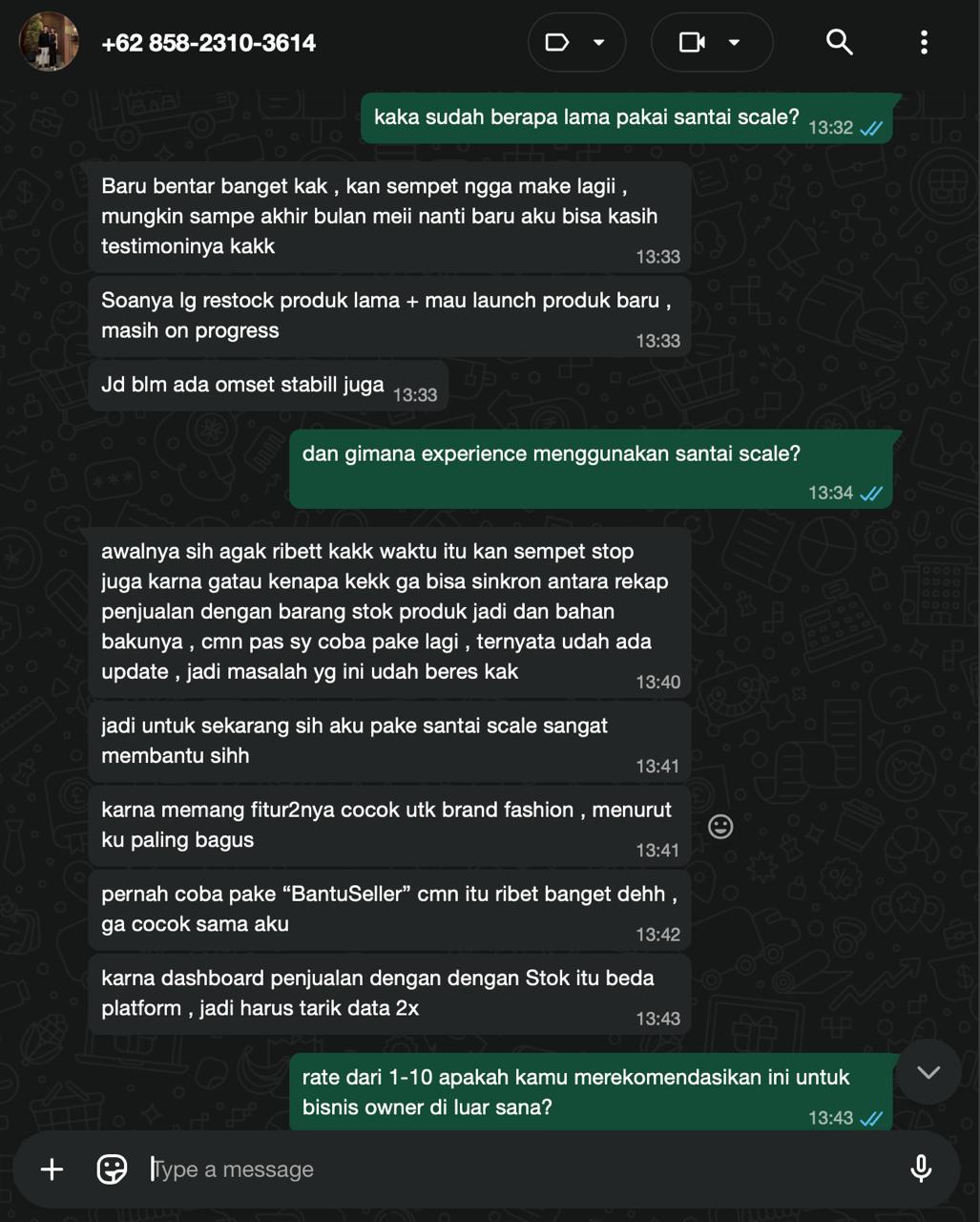 Testimoni WhatsApp pengguna Santai Scale - 4