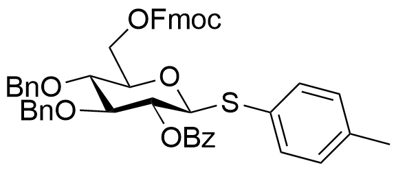 p-tolyl 2-O-benzoyl-3,4-di-O-benzyl-6-O-fluorenylmethoxycarbonyl-1-thio-beta-D-glucopyranoside structure