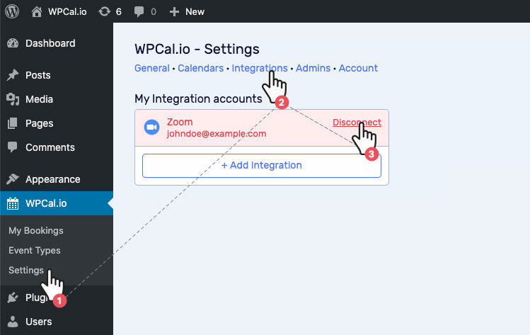 WPCal.io Disconnect Zoom Integration steps