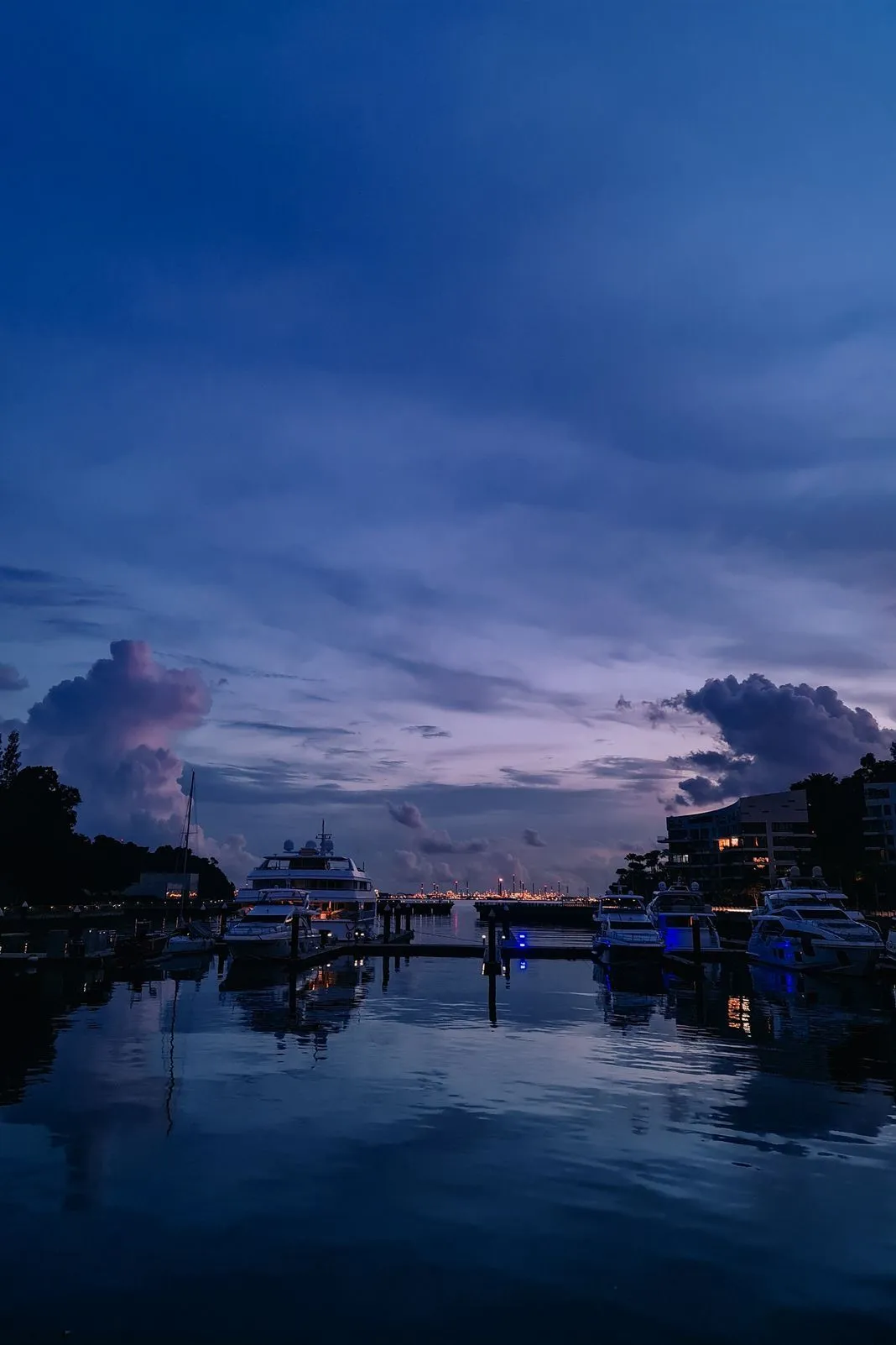 Yachts moored in a calm marina under a dusky, cloud-streaked sky