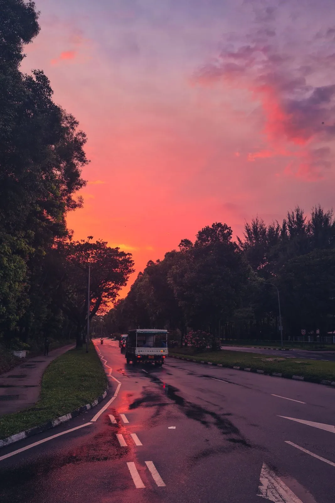 A small truck driving down a tree-lined road under a fiery pink sunset