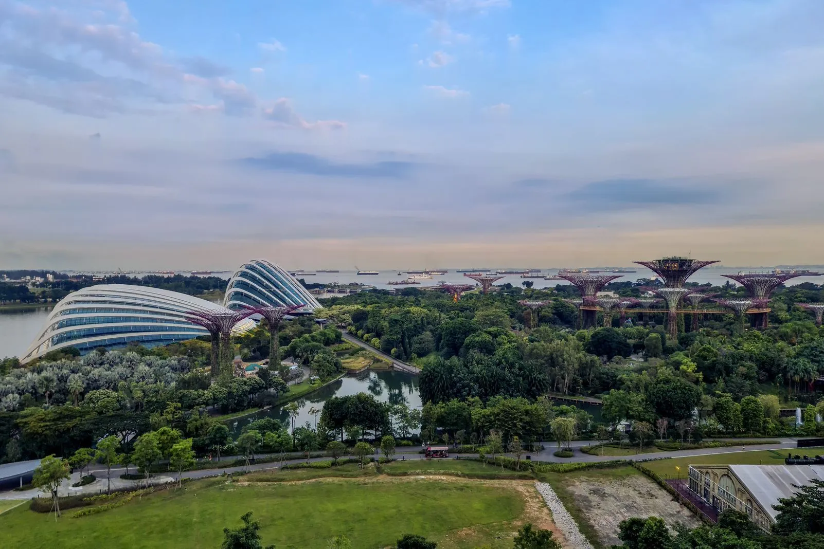 Aerial view of Gardens by the Bay's domes and Supertree Grove beside the sea