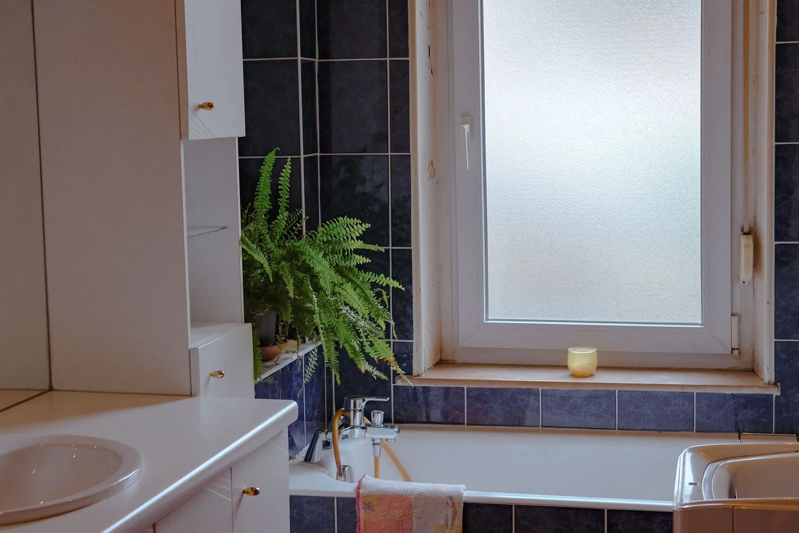 Bathroom with a potted fern beside a frosted window above the bathtub