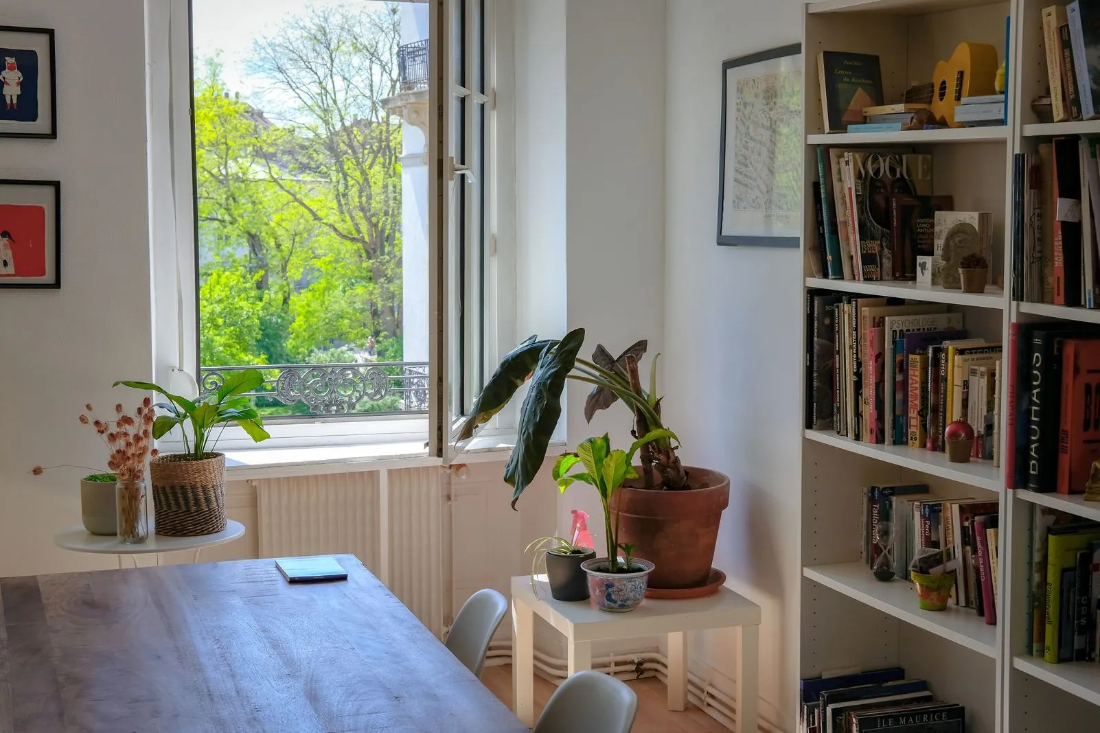 Living room with potted plants, a bookshelf, and a window looking out to green trees