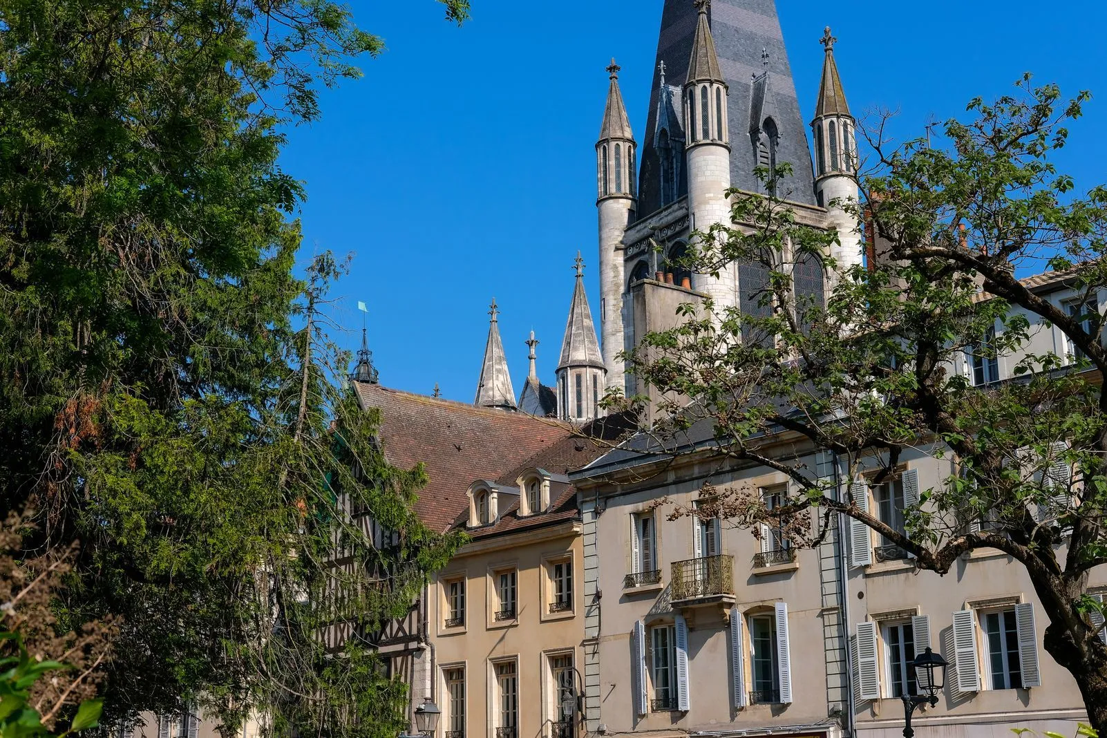 Gothic church spires and rooftops rising above the old town