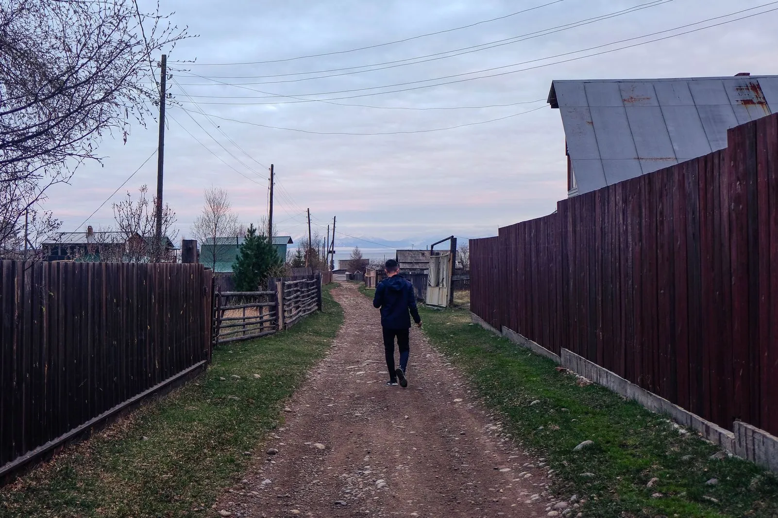 Man walking down a gravel lane between wooden fences at dusk