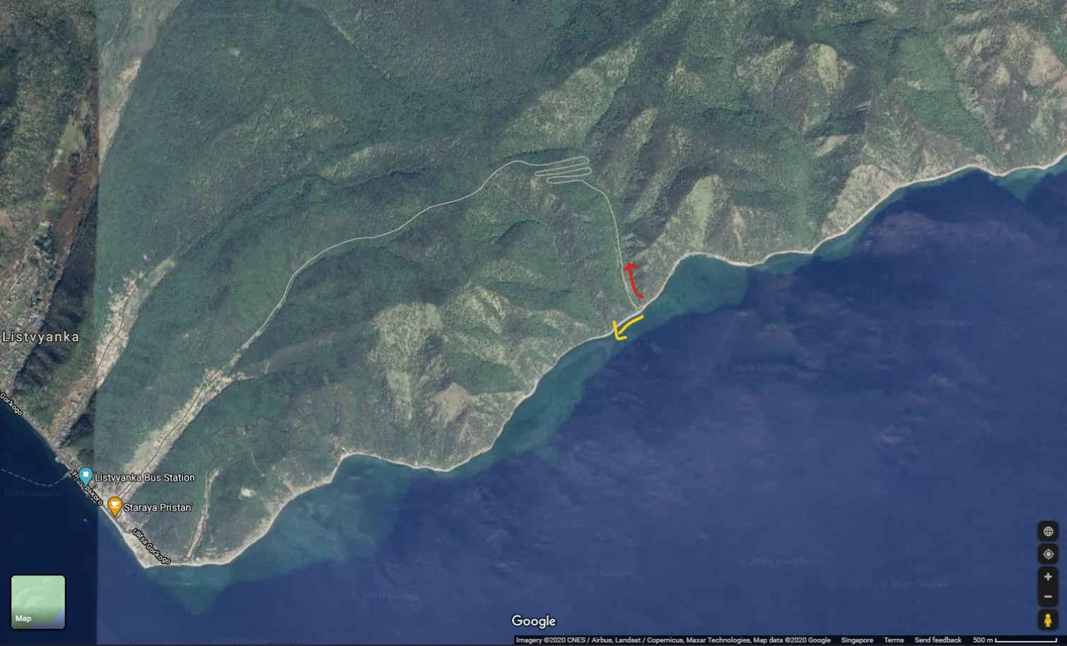 Hand-annotated satellite map marking a hiking route near Listvyanka