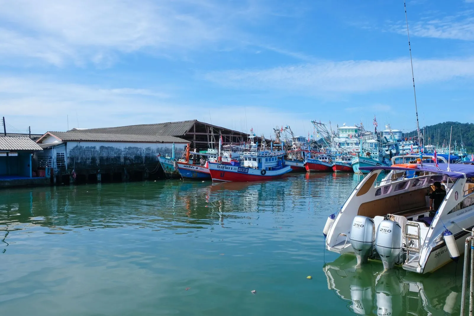 Fishing boats and a speedboat moored at a harbor beside a weathered boat shed
