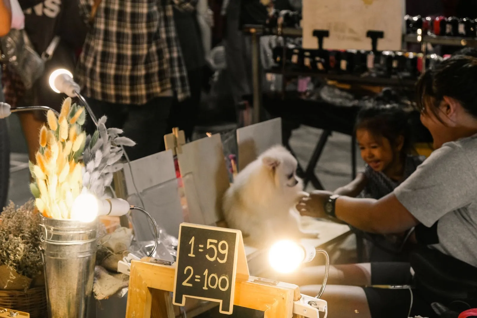 Small white Pomeranian on a market stall table as a child reaches to pet it