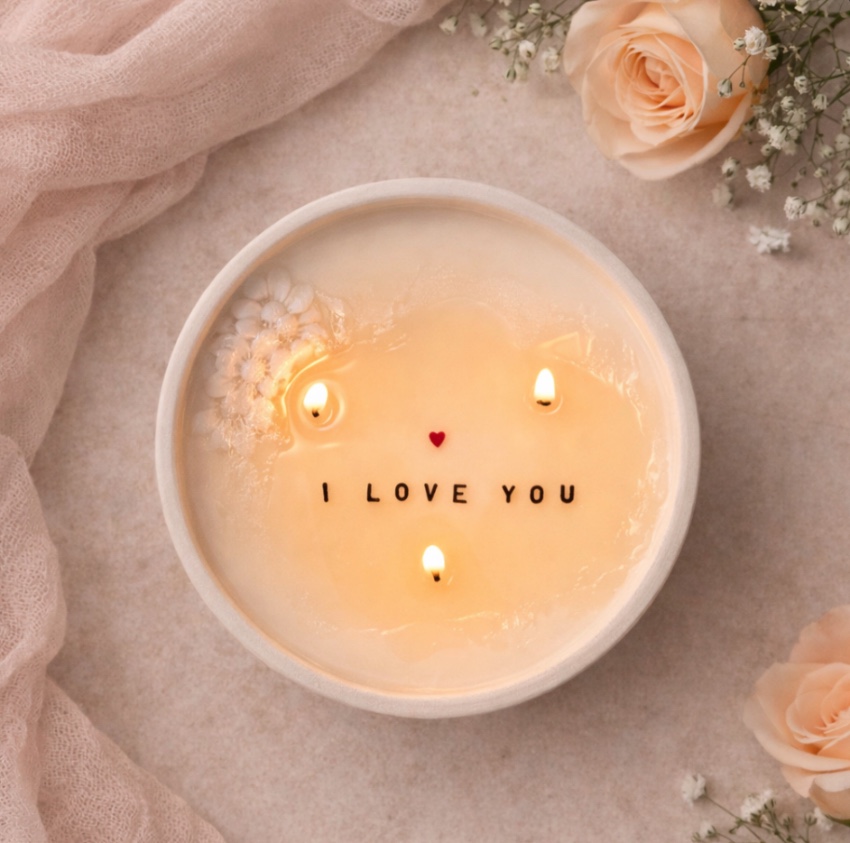 Image of a 3 wick round lit candle with the words I LOVE YOU and a heart on the wax