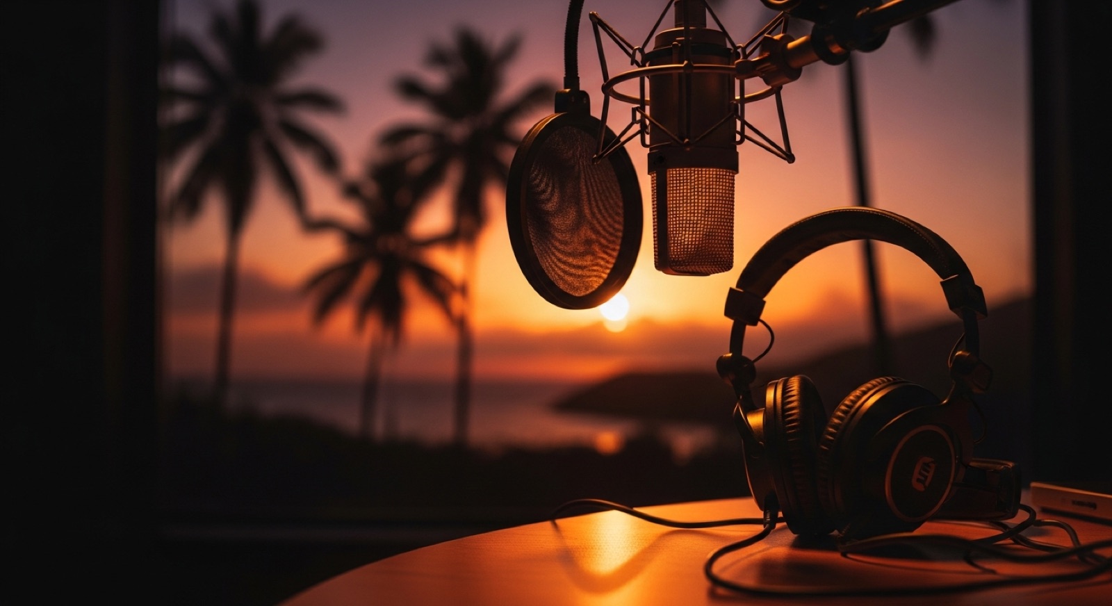 Helen Podcast Live — a warm radio studio microphone at golden hour