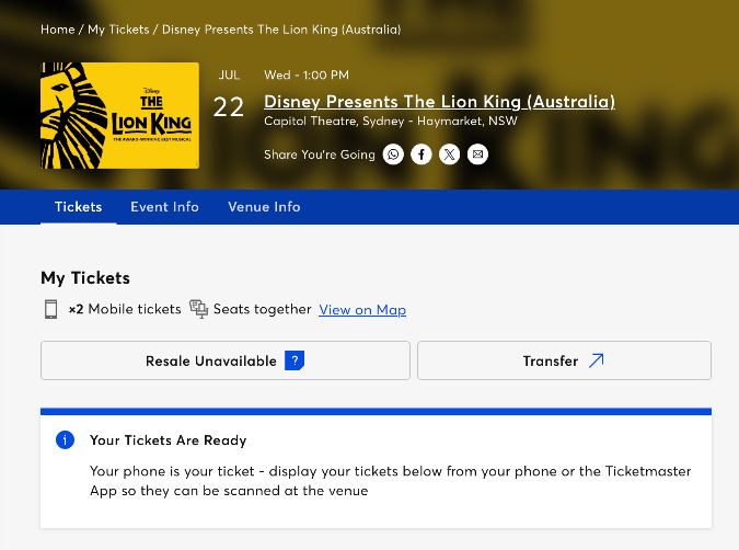 수요일 오전 1시 Lion King 뮤지컬 티켓 2장 급처!!