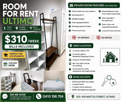Ultimo $310/w Private Room for Rent !!