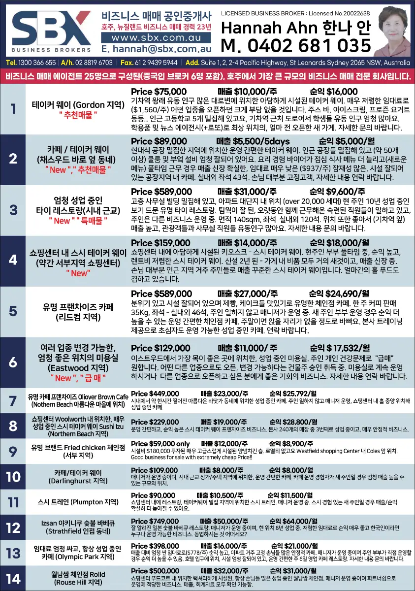 [SBX 한나 안] 비즈니스 매매_일식당/한식당/BBQ/카페 등 다양한 업종