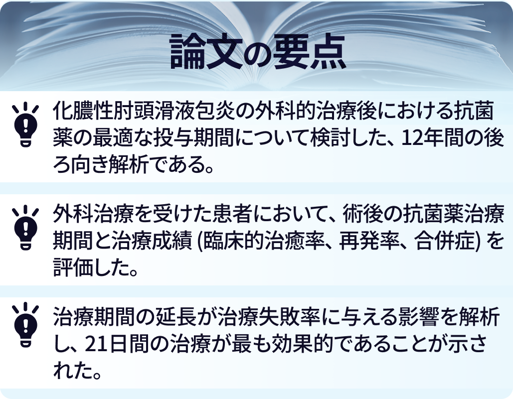 化膿性肘頭滑液包炎の術後抗菌薬､ 最適な治療期間は？ (Mayo Clinic)