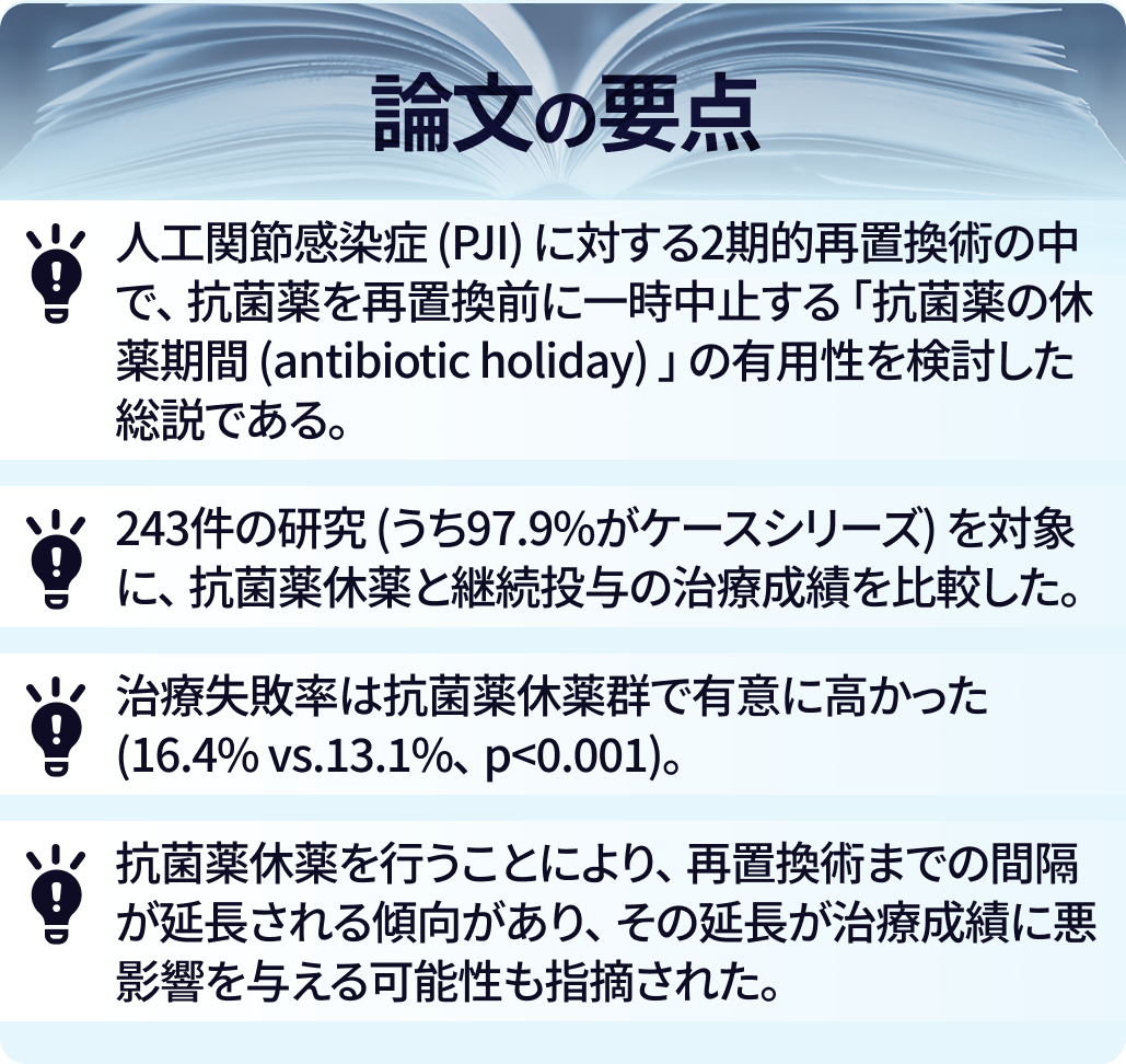 「再置換術前の抗菌薬休薬」、 実は不要?スコーピングレビューの結果より